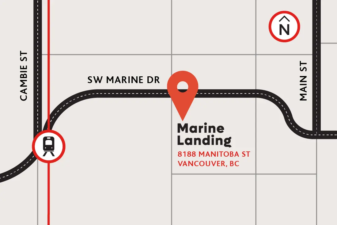 Illustrated Marine Landing map highlighting nearby transit and neighbourhood amenities.