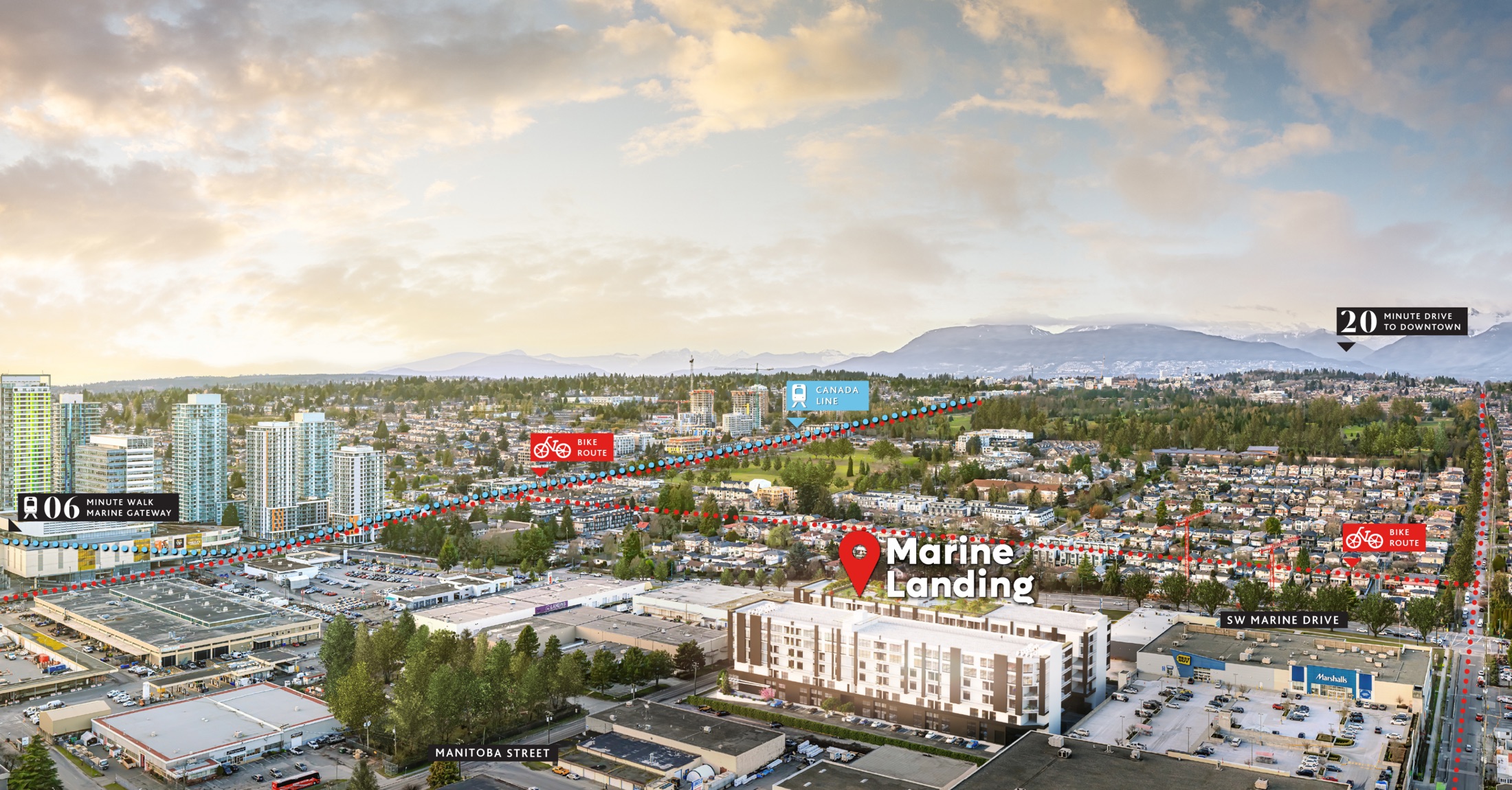 Aerial map of Marine Landing in South Vancouver highlighting nearby transit and amenities